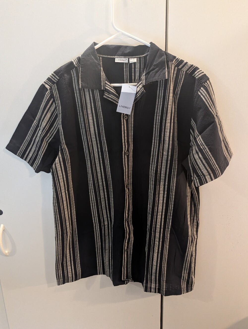 Livergy Mens Medium  Black & Beige Striped Short-Sleeve Shirt NWT